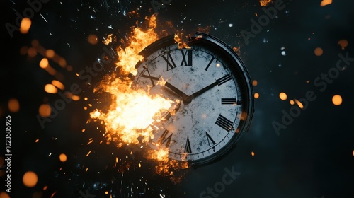 A clock engulfed in flames, symbolizing the passage of time and the fleeting nature of moments.