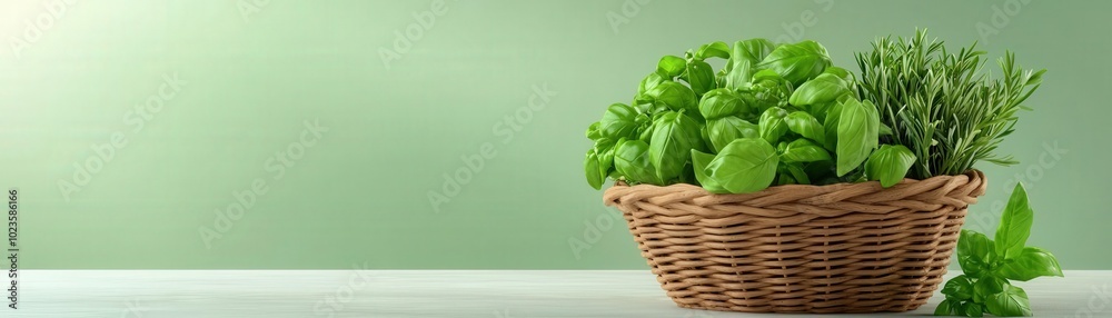 Fresh herbs in a woven basket, green background Fresh herbs in a woven basket, green background