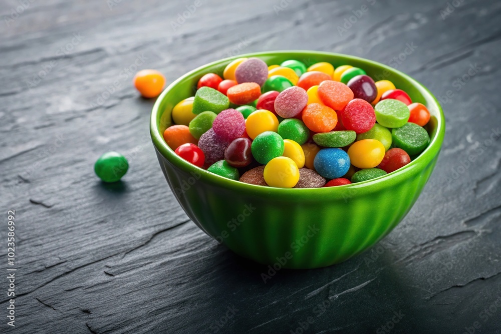 Green bowl with various colored candies on a dark slate surface Green bowl with various colored candies on a dark slate surface