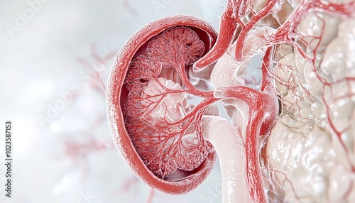 A cross-section of the kidney in 3D, with the renal artery, vein, and nephron structures clearly visible, demonstrating how blood filtration and urine formation occur.