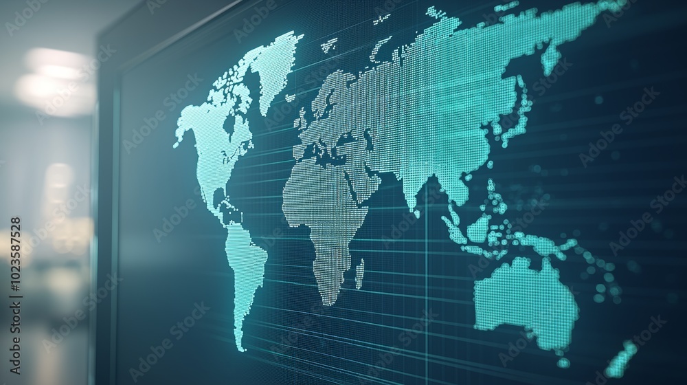 Obraz premium Futuristic Holographic World Map Displaying Real-Time Global Data Points through 3D Search Engine Interface