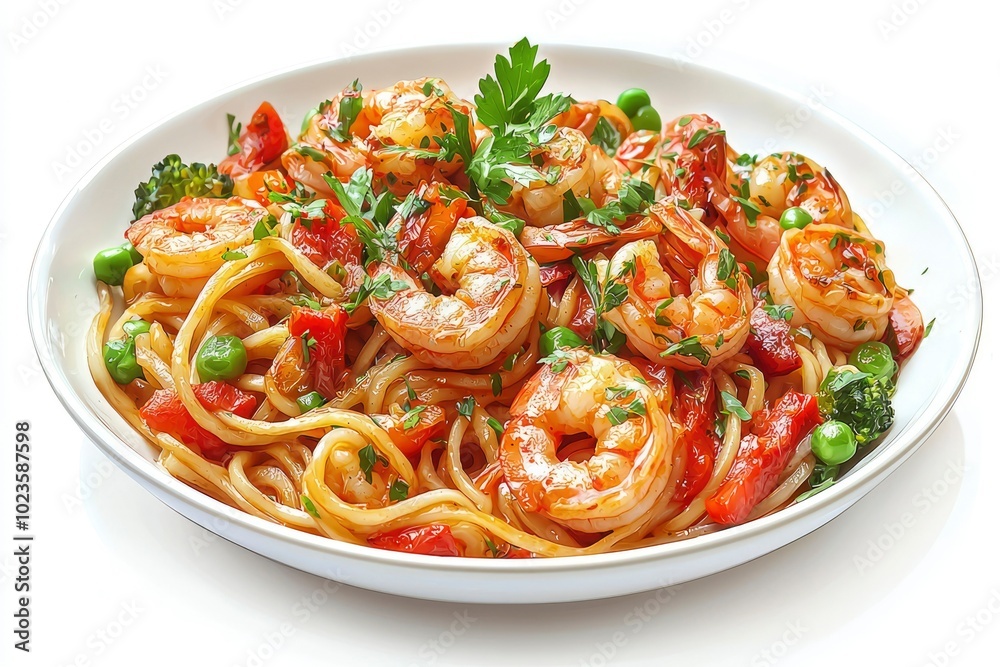 Plate of Shrimp Scampi Pasta with Vegetables Plate of Shrimp Scampi Pasta with Vegetables