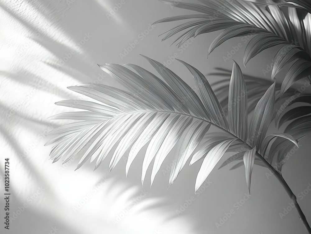 Obraz premium shadows of coconut leaves cast intricate patterns on a pristine white wall, creating a minimalist yet artistic contrast that highlights the beauty of nature's simplicity and the play of light