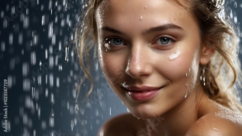 A joyful woman in the shower smiles brightly while applying shower gel to her cheeks, enjoying a refreshing and uplifting bathing experience