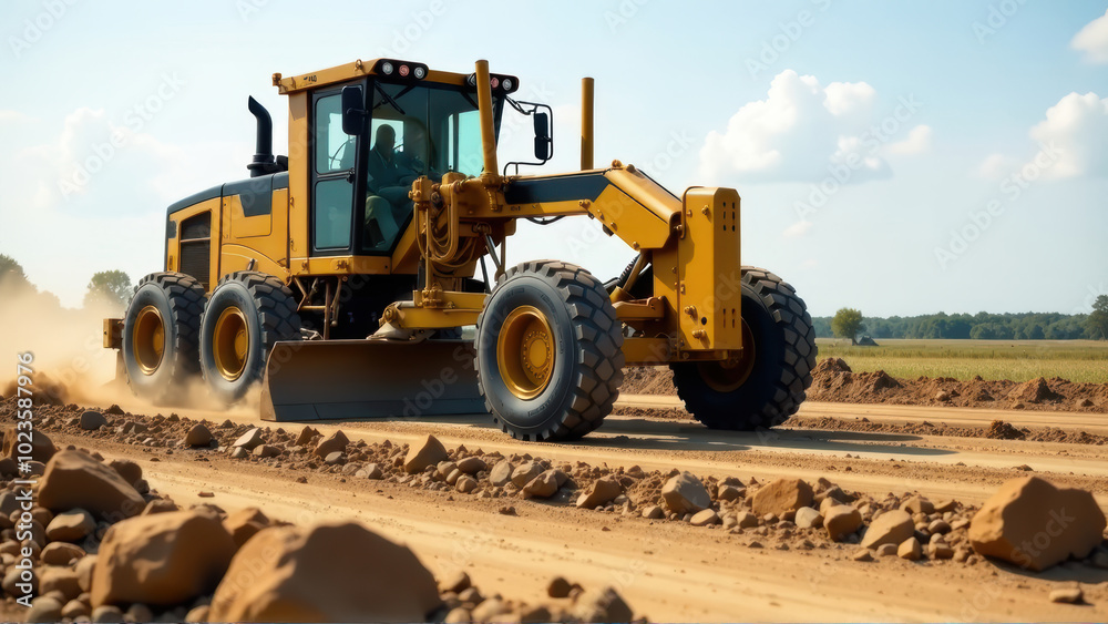 Yellow grader working on a dirt road. Yellow grader working on a dirt road.