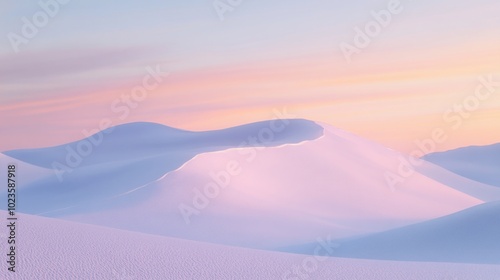 A soft, pastel sunset casts a pink and orange glow over a vast, white sand desert. The dunes rise and fall, creating a peaceful and serene landscape.