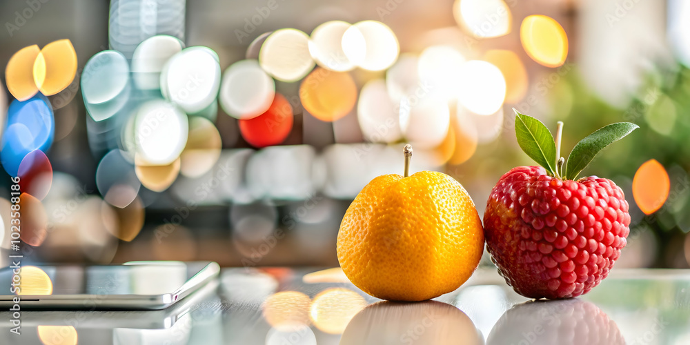 Fruity Financial Risk Management: Two Cautious Fruits Assessing Financial Risks with Digital Tools in a Modern Office - Soft Abstract Bokeh Background Emphasizing Strategic Approach Fruity Financial Risk Management: Two Cautious Fruits Assessing Financial Risks with Digital Tools in a Modern Office - Soft Abstract Bokeh Background Emphasizing Strategic Approach