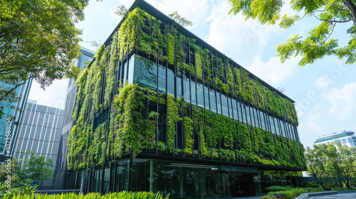 A modern building featuring a vertical garden facade with lush greenery in an urban environment