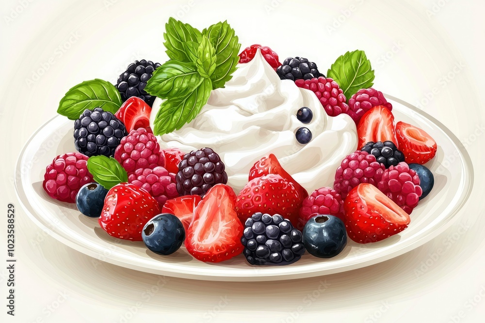 A plate of whipped cream topped with fresh berries and mint leaves A plate of whipped cream topped with fresh berries and mint leaves