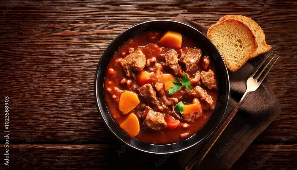 Flemish Stew ( Stoofvlees ) in black bowl on rustic wooden table. top view Flemish Stew ( Stoofvlees ) in black bowl on rustic wooden table. top view