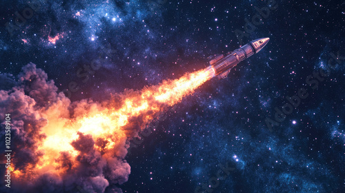 A spaceship launches into the starry night sky, igniting with flames and smoke against a cosmic backdrop of nebulae