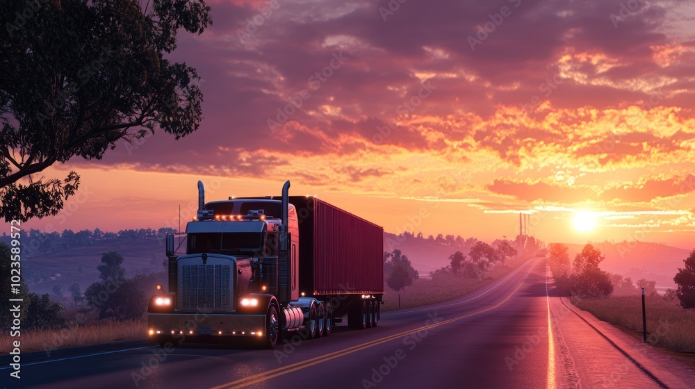 A truck on a highway at sunset, showcasing transport and travel. A truck on a highway at sunset, showcasing transport and travel.