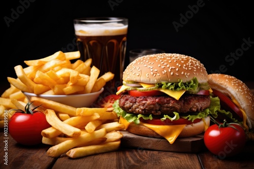 Fast food beer refreshment hamburger. photo