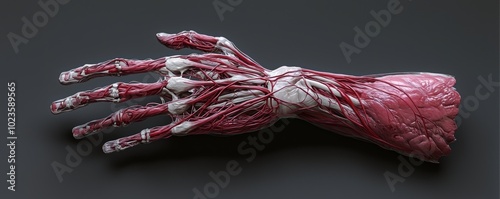 A detailed look at the anatomy of a human hand, showing the bones, muscles, tendons, and blood vessels all interconnected. photo