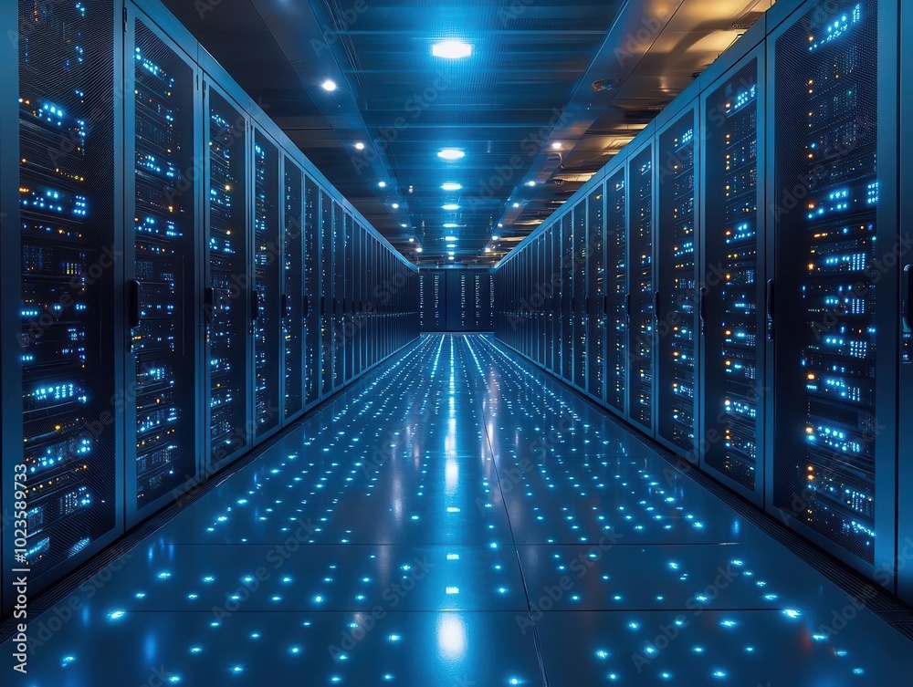 sleek, empty modern server room featuring large server racks, complex wiring, and illuminated buttons, representing the backbone of digital data storage and cloud technology sleek, empty modern server room featuring large server racks, complex wiring, and illuminated buttons, representing the backbone of digital data storage and cloud technology