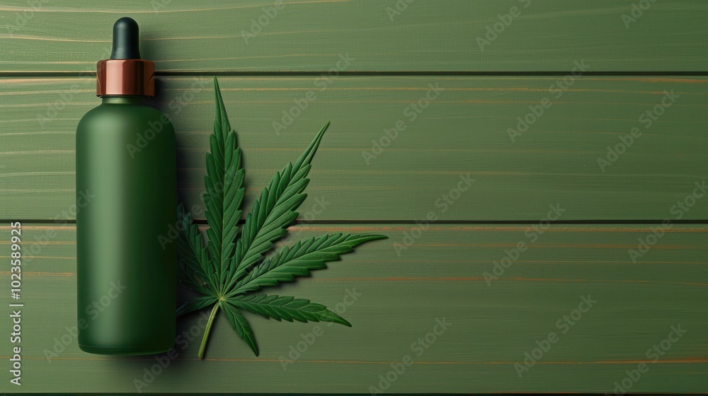 A green dropper bottle beside a vibrant cannabis leaf on a wooden surface, This image is ideal for wellness, beauty, and natural product marketing, emphasizing organic and plant-based ingredients, A green dropper bottle beside a vibrant cannabis leaf on a wooden surface, This image is ideal for wellness, beauty, and natural product marketing, emphasizing organic and plant-based ingredients,
