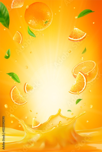3d realistic vector vertical banner, orange juice splash, orange juice color background with flying leaves for your design, ads