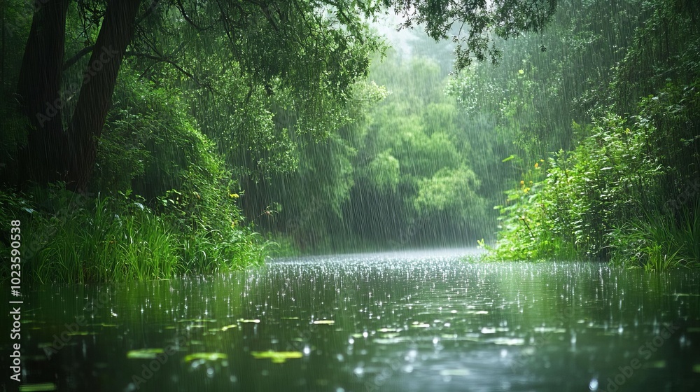 3 Gentle rain falling on a lush green forest, peaceful weather, natures tranquility 3 Gentle rain falling on a lush green forest, peaceful weather, natures tranquility