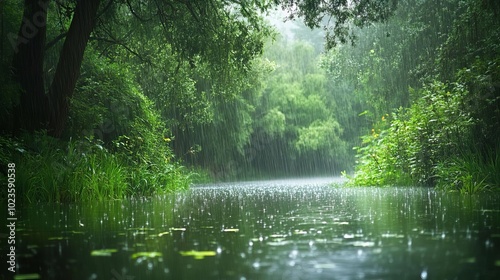 3 Gentle rain falling on a lush green forest, peaceful weather, natures tranquility