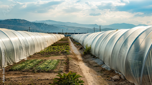 Greenhouse filled with plants and greenhouses. The sky is cloudy and the sun is shining through the clouds