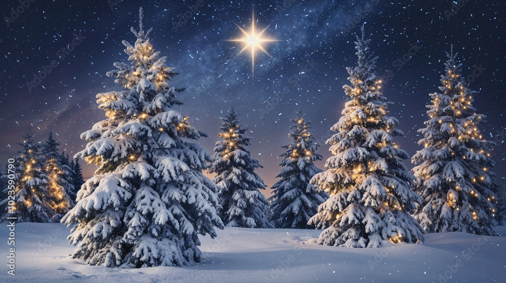 Snow-Covered Pine Trees with Twinkling Lights and a Christmas Star in the Sky Snow-Covered Pine Trees with Twinkling Lights and a Christmas Star in the Sky