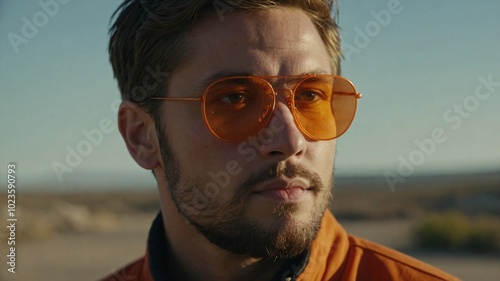 Attractive young man in bright orange attire enjoys sunny outdoors, showcasing style and confidence during golden hour.