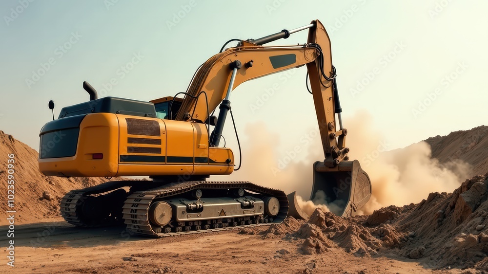 Excavator Digging in Sand with Dust Cloud. Excavator Digging in Sand with Dust Cloud.