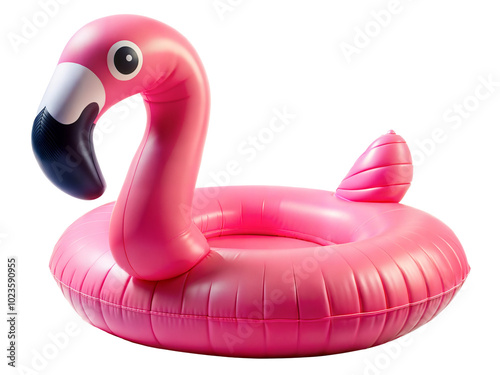Pink flamingo inflatable pool float, isolated on transparent or white background.