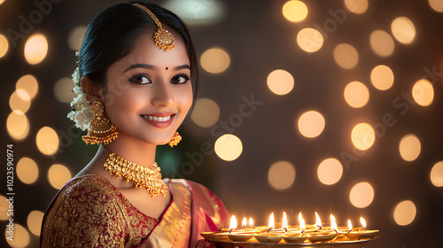 Woman wearing gold jewelry and a red sari is holding a tray of candles. Diwali concept