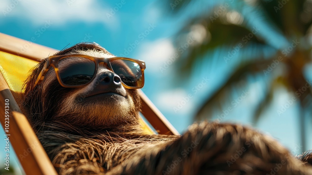 Obraz premium A relaxed sloth wearing sunglasses, lounging in a beach chair under palm trees.