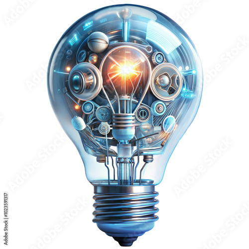 Futuristic light bulb with gears and circuits, symbolizing innovation and creativity. Isolated on transparent or white background.