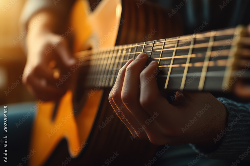 Obraz premium Musician is playing chords on an acoustic guitar