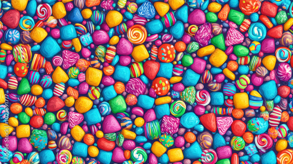 Fototapeta premium A vibrant and colorful candy pattern filled with playful sweets in various shapes and sizes for a fun, dynamic design