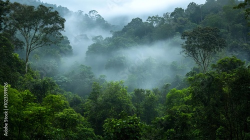 7 Morning mist rolling through a dense forest, foggy weather, mysterious ambiance