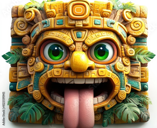 A vibrant, colorful depiction of a playful Mayan-inspired mask featuring exaggerated facial features and bright eyes, ideal for themes related to fun, cultural heritage, or decoration, photo