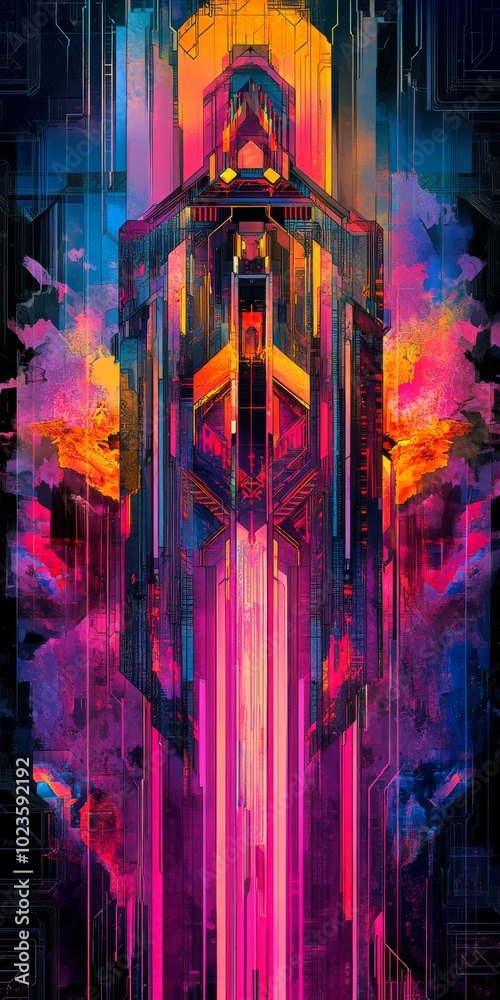 Naklejka premium Dynamic abstract portrayal of a synthwave skyscraper, surrounded by vibrant hues and intricate designs.