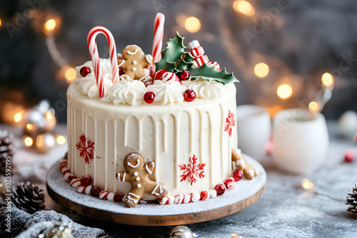 Festive holiday cake adorned with Christmas decorations photo