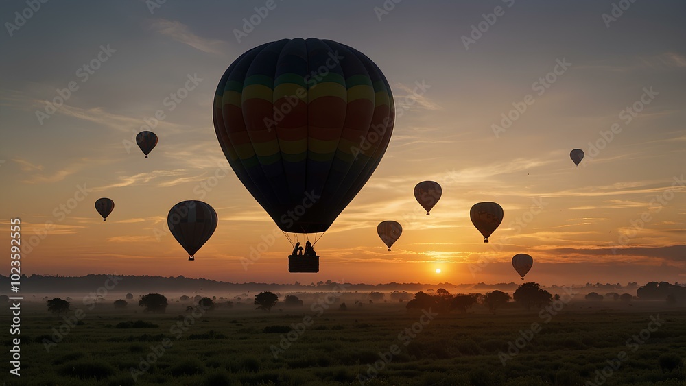 Naklejka premium Silhouettes of Hot Air Balloons at Sunrise: Vibrant Morning Sky with Peaceful Balloons Floating