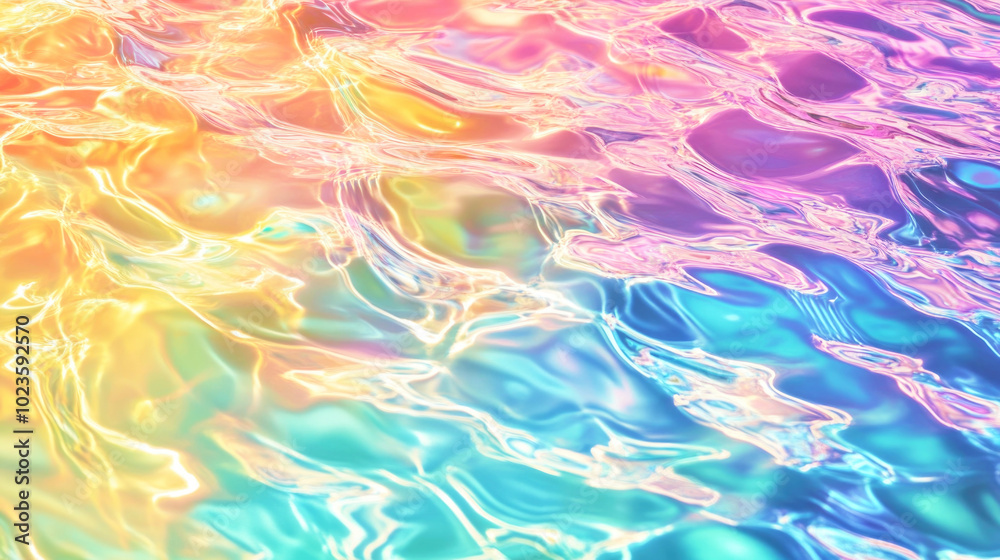 Colorful iridescent water surface with rainbow reflections, showcasing intricate ripples and patterns during daylight Colorful iridescent water surface with rainbow reflections, showcasing intricate ripples and patterns during daylight
