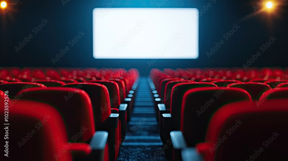 Empty theater with red seats and illuminated screen, ready for a film screening. Empty theater with red seats and illuminated screen, ready for a film screening.