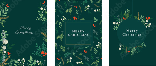 Merry Christmas greeting cards set with hand drawn branches and florals. Vector illustration seasonal banner.