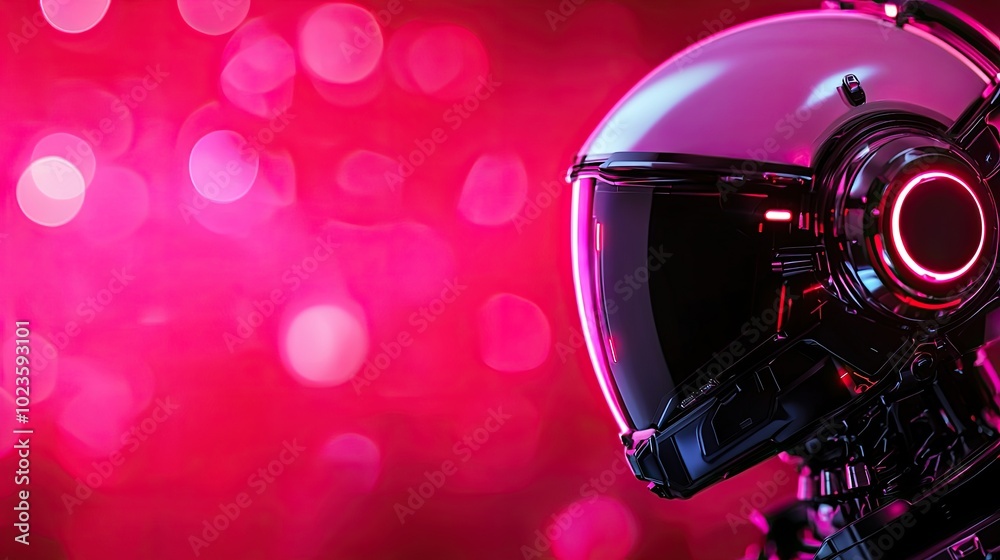 Fototapeta premium Futuristic robot helmet against a vibrant pink bokeh background.