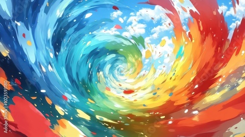 A vibrant, swirling abstract design featuring a blend of colors and dynamic movement.