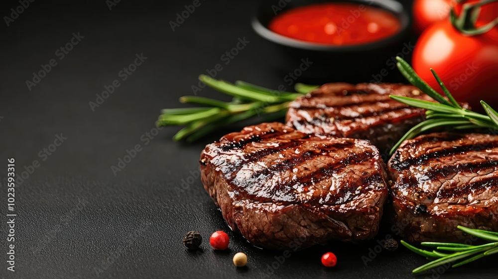 Grilled steak slices with fresh herbs and tomatoes on a dark background. Grilled steak slices with fresh herbs and tomatoes on a dark background.