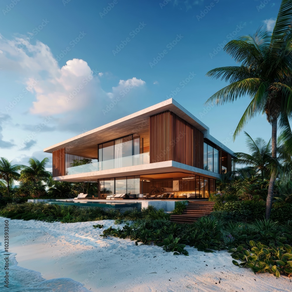 Modern beachfront villa with large glass windows, surrounded by palm trees and pristine sand, under a clear blue sky. Modern beachfront villa with large glass windows, surrounded by palm trees and pristine sand, under a clear blue sky.