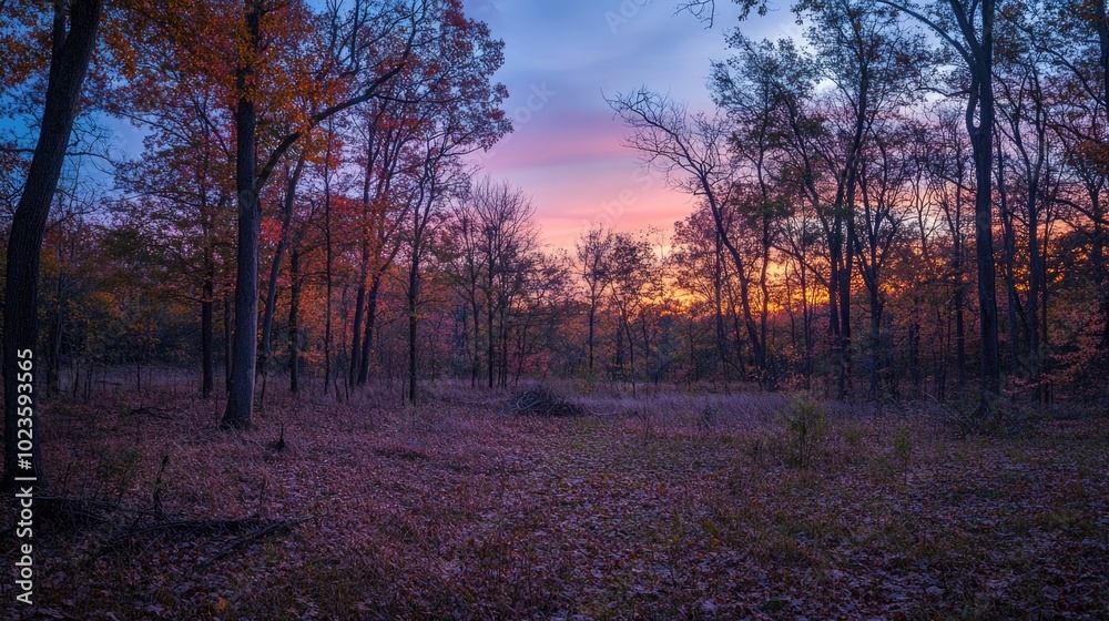 Obraz premium Twilight in an autumn forest with colorful leaves and dramatic skies at sunset