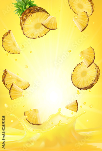 3d realistic vector vertical banner, pineapple juice splash, pineapple juice color background with flying leaves for your design, ads