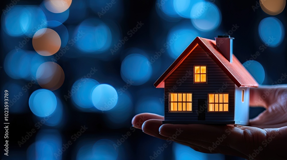 Miniature house held in hand, glowing windows against a blurred blue background. Miniature house held in hand, glowing windows against a blurred blue background.