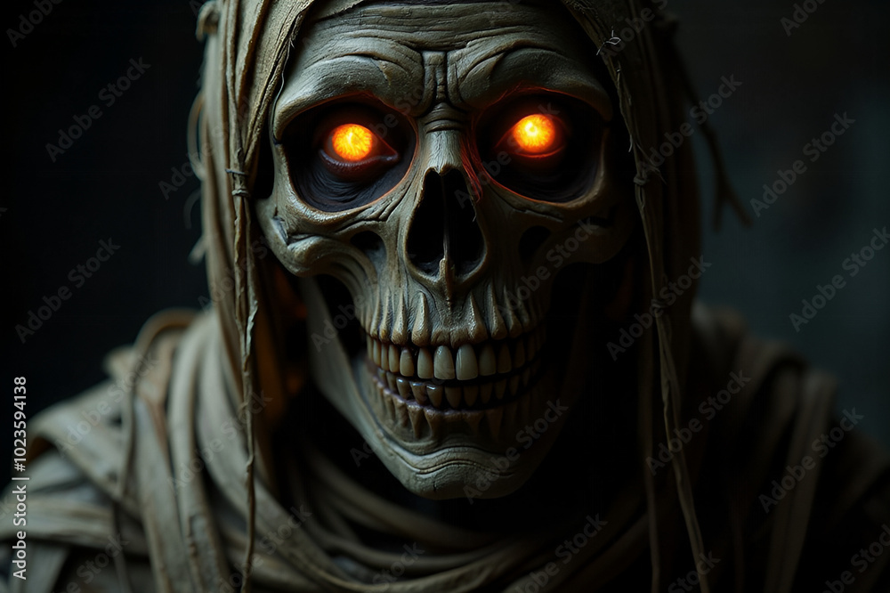 Portrait of a scary ancient cursed mummy with glowing eyes. Halloween, spooky season Portrait of a scary ancient cursed mummy with glowing eyes. Halloween, spooky season