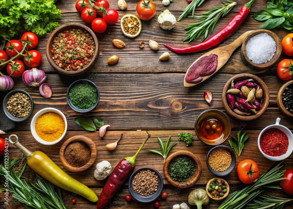 A top down view a spices, vegetables, sauces, meat, placed on a wooden table. Culinary background. Food ingredients, top down view. Template A top down view a spices, vegetables, sauces, meat, placed on a wooden table. Culinary background. Food ingredients, top down view. Template
